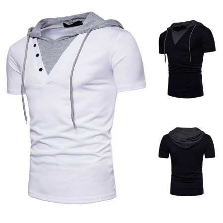 New Fake Two-Piece Design Men's European Size Hooded Short-Sleeved T-Shirt